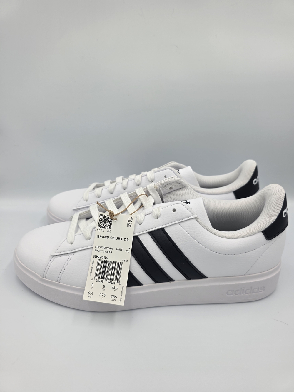adidas Grand Court 2.0 White Sneakers with Black Three-Stripes